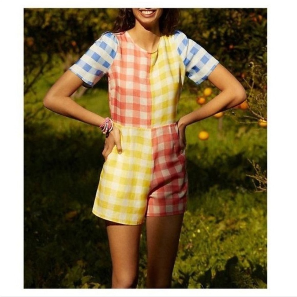 NWT Anthropologie Farm Rio Gingham Contrast Romper Size L